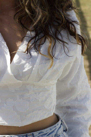 Model standing in front of a fence and grass. She is wearing a white, flower textured, long sleeve top and denim. The image is up close to show a better detailed image of the white textured flowers.