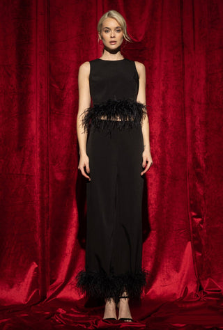 Model standing in front of red velvet curtain. Model is wearing a black crop top with a band of feathers at the bottom. The top is sleeveless.